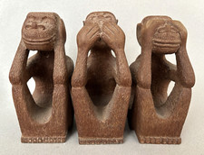Large VINTAGE 3 THREE WISE MONKEYS SEE HEAR SPEAK NO EVIL African wood carvings