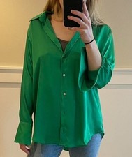 Worn Once Gorgeous Emerald Green ZARA Satin Shirt Blouse Top S 10/12