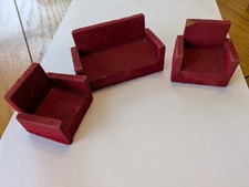 Vintage Dolls House Wooden Sofa And Two Chairs .Red