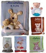 Baby Blanket Embroidered With Name + Toy Rattle Teddy Gift Birth Christening Baby