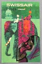 Swissair Vintage Original Airline Luggage Label Poster Style India Elephant