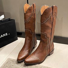 Womens Ladies Cowboy Western Studded Mid Calf Pointed Toe Block Heel Boots Size