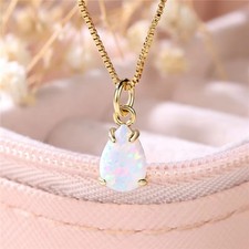 9ct Yellow Gold gf White Fire Opal Teardrop Pendant / Chain Gift Boxed (165)