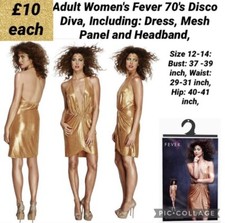 Fever 70s Disco Diva Golden Dress And Headband Medium 12-14 Ladies Fancy Dress