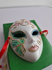 Vintage Hand Painted Porcelain Face Mask White Glitter Mask Festival Italy Decor