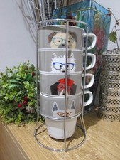 Next Comic Dogs Design Ceramic Stacking Coffee / Tea Mugs / Cups in Stand