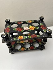 Vintage Wooden Egg Rack Holder Folk Art Paint Country Barge Ware Roses Or Black
