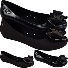 GIRLS LADIES WOMENS LOW WEDGE JELLY SCHOOL WORK DOLLY BALLERINA SHOES BOW SIZE