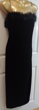 Feather Trimmed sexy figure flattering  stretch Black Velvet Evening Dress 14