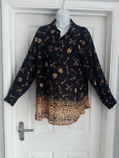 Susan Graver Blouse Navy Blue Tan Gold Key Lock Leopard Design S 12/14