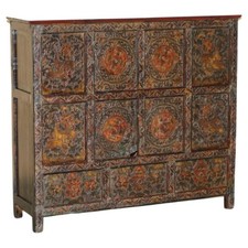 ANTIQUE CHINESE DEER & FLOWER TIBETAN POLYCHROME PAINTED ALTAR CABINET SIDEBOARD