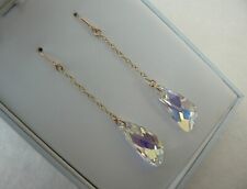 9ct Gold chain earrings, Swarovski elements clear Aurora Borealis wing crystals