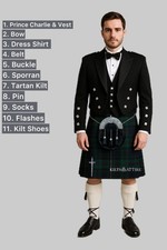 Men's Prince Charlie 12 PCS Jacket Kilt Wedding Outfit Available 50 Plus Tartans