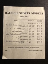 Genuine RALEIGH SPORTS MODELS Bicycle Price List 1962 Blue Streak Sprite (161)