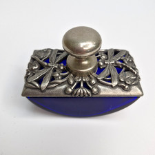 Art Deco Style Pewter & Cobalt Blue Glass Ink Roller Bottle Dragonfly design