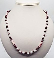 DARK PURPLE & WHITE BEADS, FLORAL ROSE CYLINDER BEADS ON A 70 cm NECKLACE