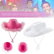 Pink Cowgirl Hat Set Fluffy Feather Brim Cowboy Hat Bandana Sunglasses Party UK
