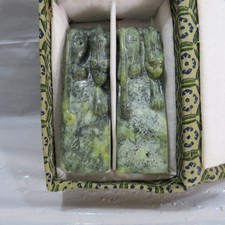 Vintage Pair of Carved Foo Dog Tops Chinese Green Jade Stone Seals
