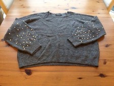 Marks And Spencer Size XL 16-18 Grey Chunky Knit Jumper Pearl Bead Detail 