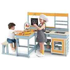 COSTWAY Mud Kitchen Fir Wood Play Kitchen with Kids Picnic Table-Grey