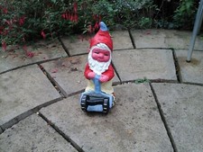 Concrete Garden Gnome, Man With Lawnmower, Vintage. Used.Size 14 InchHandpainted