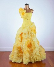 Princess Cinderella Ball Gown Stage Dress 3D Flowers Ruffles Train Yellow - UK 6