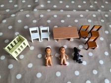 Vintage Wooden Dolls House Furnture  Bundle With 2 Rubber Dolls, Plastic Bear