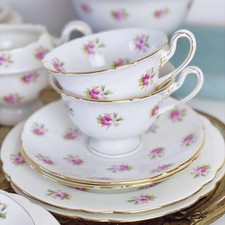 Antique Foley Wileman tea set trios, milk jug, sugar bowl, sprigs of roses, pink