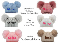Boys Girls Baby Double Furry Pom Pom Hats 3 Months to 4 Years Cute Personalised