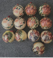 12 Vintage Paper Mache Round Baubles Christmas Xmas Tree Decorations