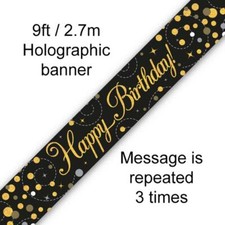 Black and Gold Sparkling Holographic Foil Birthday Banners - Bunting & Balloons