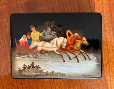 Russian lacquered box - troika or snow sleigh - from  Fedoskino, USSR, 1975