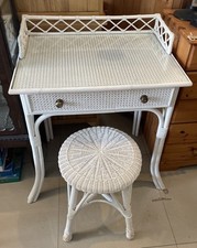 1970s Cane Rattan Painted Dressing Table With Glass Top & Stool