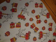 Vintage Fabric Steam Trains White Orange Retro Mid Century Modern 50s 60s Craft 
