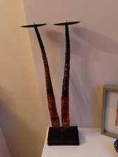 Candle Stand. Metal Antelope Horns On Black Wooden Base..20"X5.5"Base.