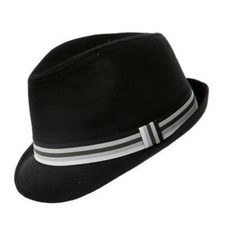 Black 100% Cotton Trilby Gangster Hat Pork Pie With Striped Grey Band 5 Sizes