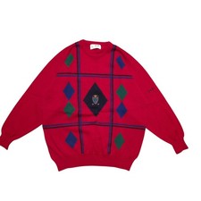 Vintage Pringle of Scotland Red Wool Jumper Mens Extra Large Diamond Crew Neck