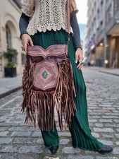 Extra Large Western FRINGE LEATHER BAG with Turquoise Stone - Navajo Native