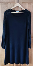 Wallis Elegant Black Dress Long Sleeved With Pretty Lace Detail Size M 12 / 14