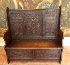 SETTLE COUNTRY OAK CARVED FACES BIRDS MYSTICAL CREATURES 1860 FREE SHIPPING