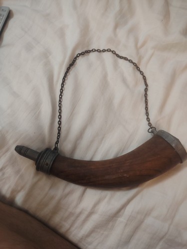 Wood and pewter powder horn - and,