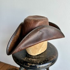 Vintage 1960s 1970s Leather Tricorne Hat Pirate Hippie X-Large