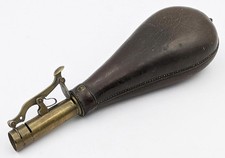 VICTORIAN LEATHER & BRASS POWDER FLASK 19TH CENTURY