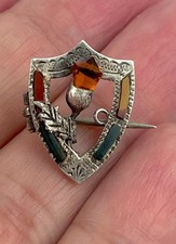 Antique Victorian HM 1909 small sterling silver Scottish agate brooch pin damage