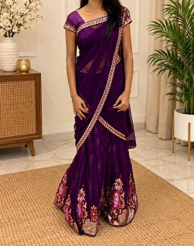 Purple ready wear saree - ready,