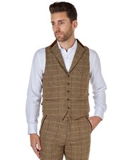 Mens Waistcoat Wool Mix Herringbone Tweed Check Velvet Collar Smart Formal Vest