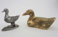 2 Vintage Metal Miniature Duck Figurines, Silver Tone White Metal & Brass Ducks.