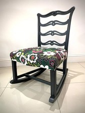 Rare Antique Wooden Rocking Chair With Reupholstered Seat Base