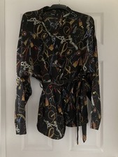 Boohoo Black Gold & Blue Knot & Chain Print Wrap Top / Waterfall Cardigan UK 20