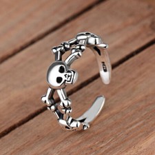 925 Sterling Silver  Vintage Skull Adjustable Ring Women Men Jewellery Gift UK